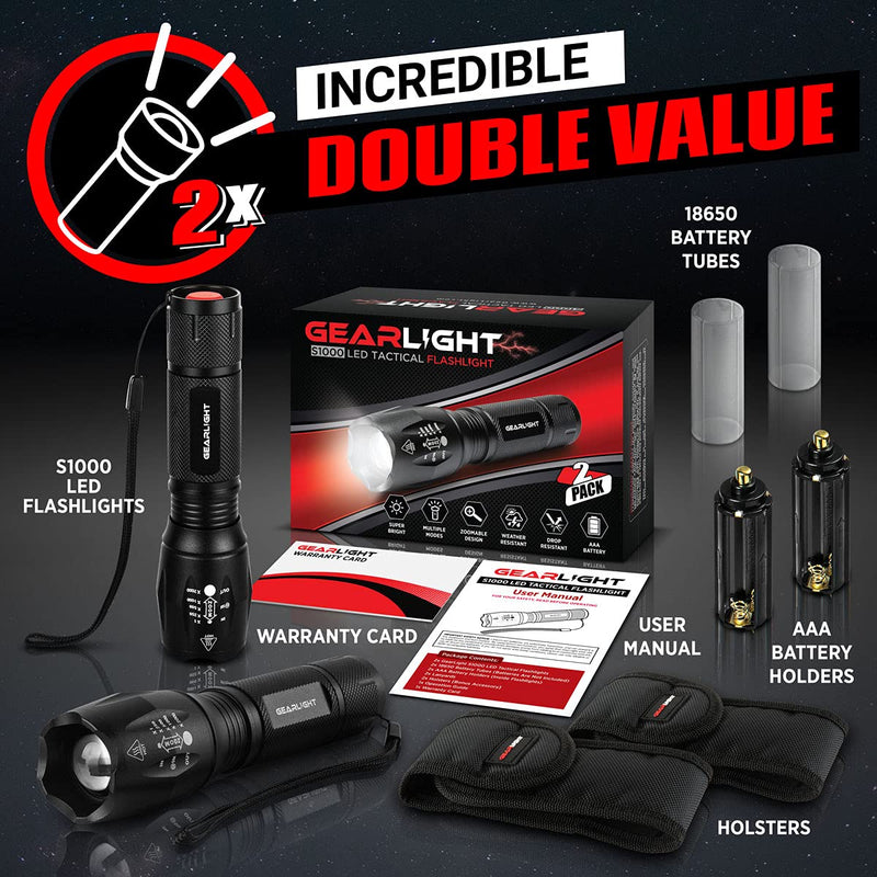 [Australia - AusPower] - GearLight LED Flashlight Pack -2 Bright, Zoomable Tactical Flashlights with High Lumens and 5 Modes for Emergency and Outdoor Use -Camping Accessories -S1000 