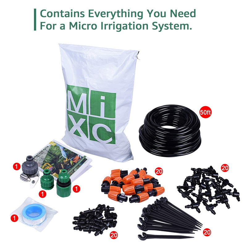 [Australia - AusPower] - MIXC 1/4-inch Mist Irrigation Kits Accessories Plant Watering System with 50ft 1/4” Blank Distribution Tubing Hose, 20pcs Misters, 39pcs Barbed Fittings, Support Stakes, Quick Adapter, Model: GG0B 
