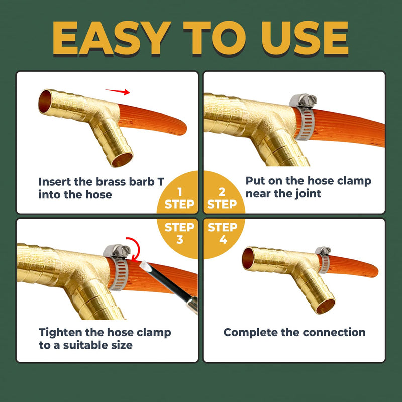 [Australia - AusPower] - LIONMAX Barb Tee Fittings 3 PCS, 3/8" x 3/8" x 3/8" ID Hose Barb, Brass Hose Barb T Fitting 3 Way Union Fittings, with 9 Hose Clamps, for Water/Fuel/Air 