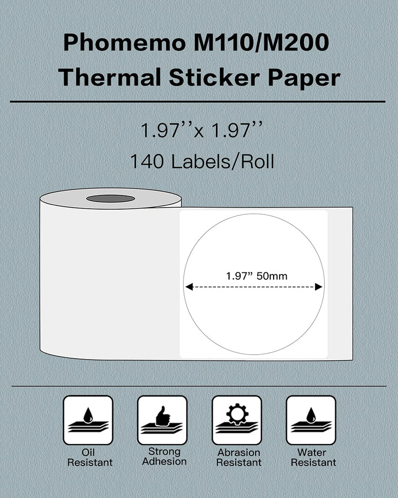 [Australia - AusPower] - Phomemo M110/M110S/M120/M200/M220 Round Circle Thermal Paper 1.96" x 1.96"（50x50 mm）, Multi-Purpose Self-Adhesive Round Label for Barcode Circle Label, DIY Logo Design, Jar Label, Black on White 1.96"x1.96" 