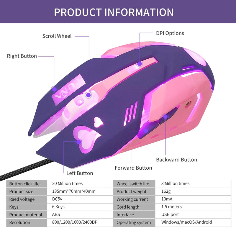 [Australia - AusPower] - Gaming Mouse,Pink Backlit Optical Game Mice Ergonomic USB Wired with 2400 DPI and 6 Buttons 4 Shooting for Computer/Win/Mac/Linux/Andriod/iOS. (Purple) purple 