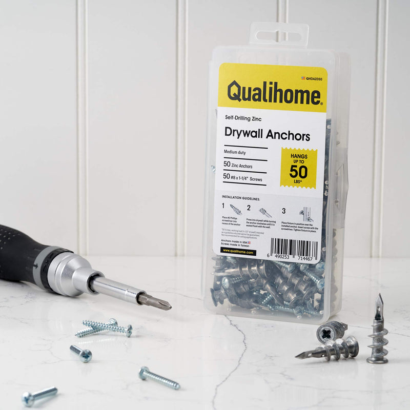 [Australia - AusPower] - Qualihome Heavy Duty ZINC Self Drilling Drywall Anchors and Screws Kit | Includes 50 Drywall Anchors, 50 #8 1-1/4 Inch Screws & Reusable Storage Case | Anchors are Made in The USA 