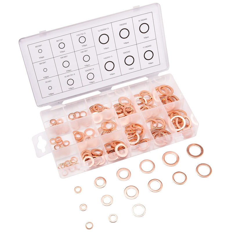 [Australia - AusPower] - Toolwiz 150PCS 15 Sizes Copper Metric Sealing Washers Assortment Set Flat Ring Sump Plug Oil Seal Gasket Sealing Washers Crush Washer Assortment M5/6/7/8/10/10.5/11/12/12.5/14/15/16/16.5/17.5 