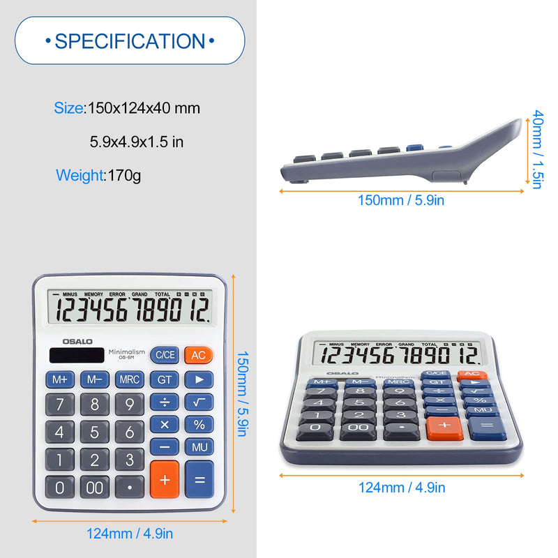 [Australia - AusPower] - Desktop Calculator Large LCD Display 12 Digit Number Handheld Portable Pocket Basic Calculator with Big Soft Sensitive Button, Battery and Solar Powered, for Office Home School Use(OS-6M) OS-6M 