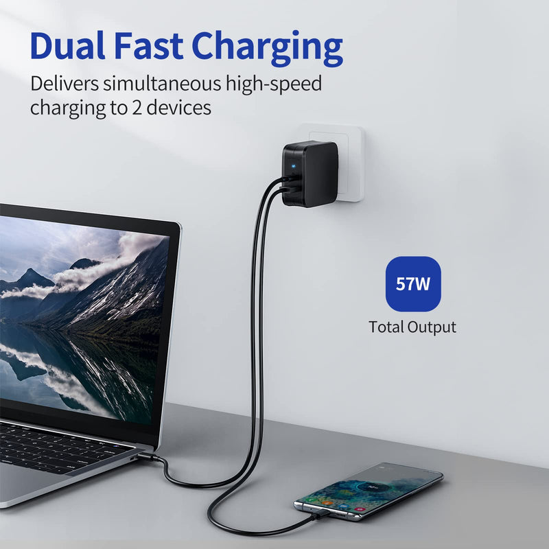 [Australia - AusPower] - USB C Wall Charger 61W PD 3.0, Fast Charging Type C Foldable Adapter with 2 Ports Portable Charger Compatible for USB-C Laptops Mac Book Pro Tablets iPhone 13 Pro Max Mini 12 Pro Max Galaxy S21 Black 