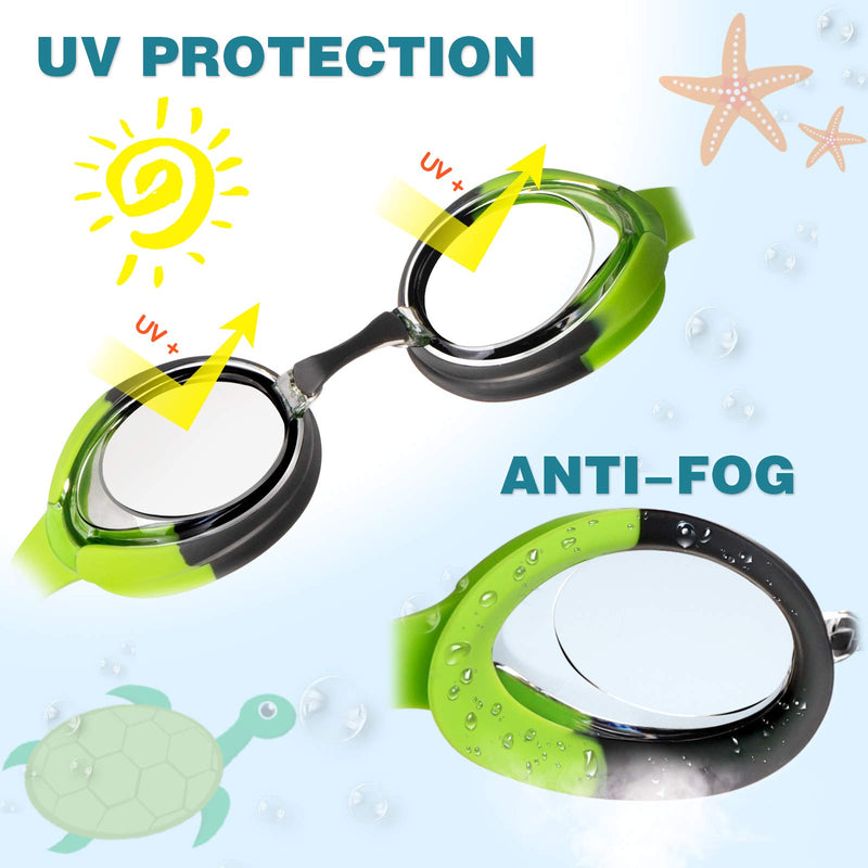 [Australia - AusPower] - Keary 2 Pack Kids Swim Goggles for Toddler Kids Youth(3-14),Anti-Fog Waterproof Anti-UV Clear Vision Water Pool Goggles Clear Green & Blue(2 Pack) 
