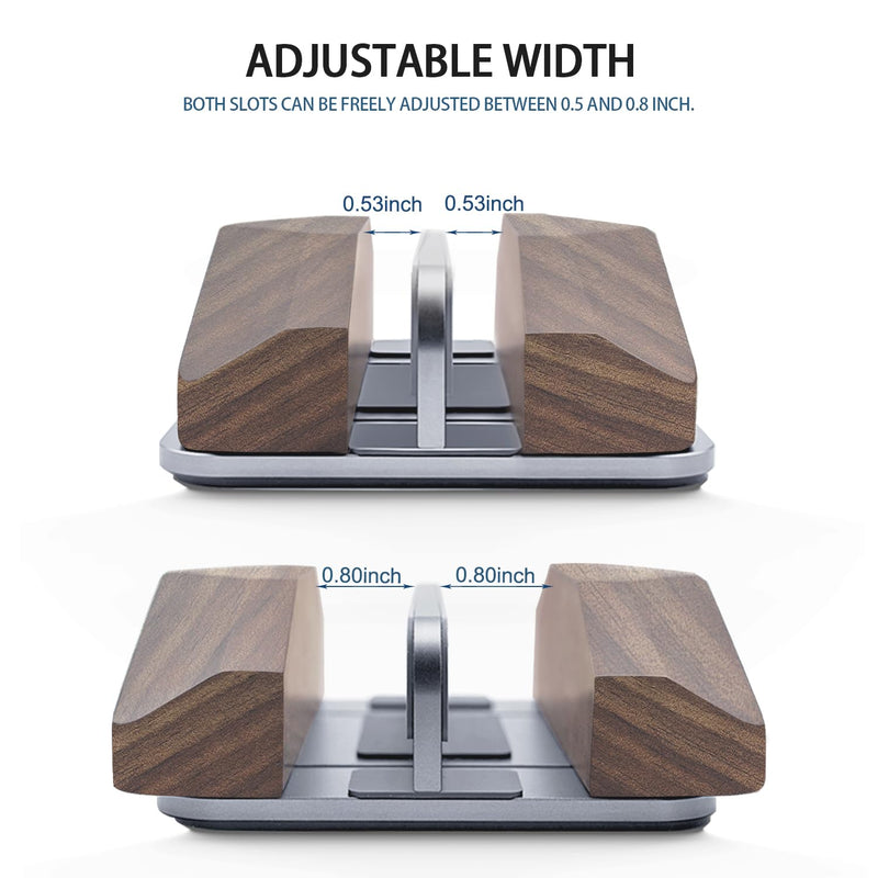 [Australia - AusPower] - GEVO Dual Laptop Holder Vertical Laptop Stand, Natural Wood, Adjustable Dock, Wooden Laptop Stand,Vertical Laptop Holder for Desk, Widen Dock Fits All MacBook/Surface pro 2 Devices (Black Walnut) 