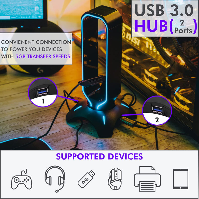 [Australia - AusPower] - Tilted Nation RGB Headset Stand and Gaming Headphone Stand for Desk Display with Mouse Bungee Cord Holder - Gaming Headset Holder with USB 3.0 Hub for Xbox, PS4, PC - Perfect Gaming Accessories Gift Black 