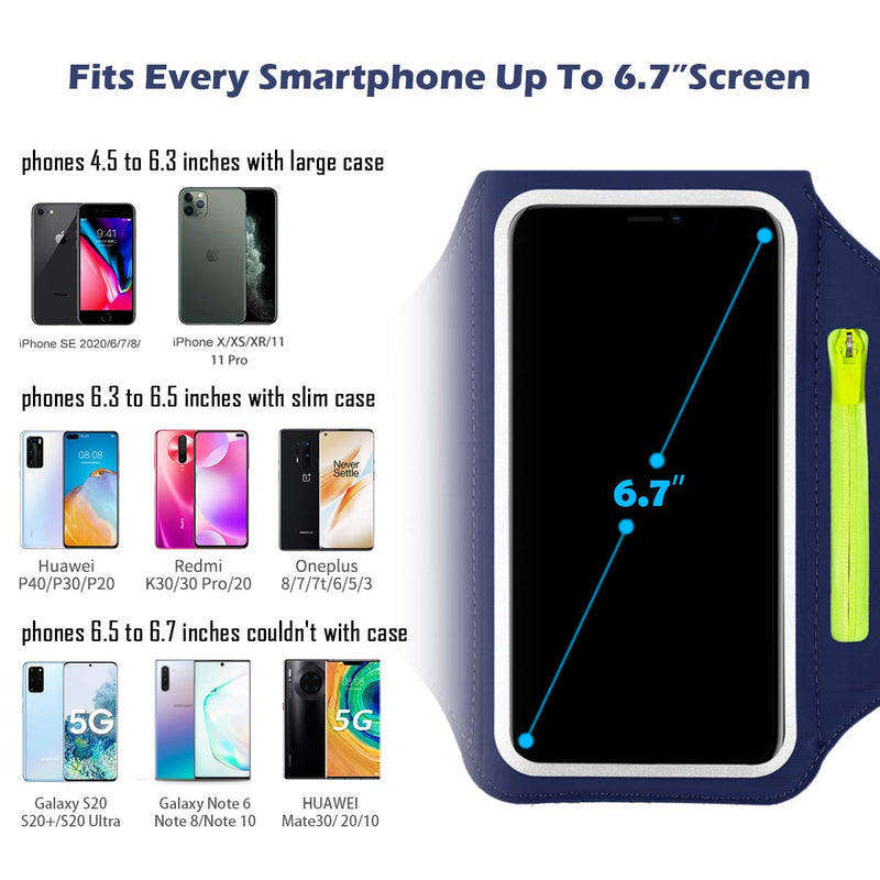 [Australia - AusPower] - Cell Phone Armband with Airpods Bag Running Armband for iPhone 11 Pro Max/XR 8 Plus/7 Plus, Galaxy S20+/S10/S9, Sweat Resistant Sports Phone Holder with Key Holder and Card Slot, Up to 6.7 inches Navy Blue (Up to 6.7'') 