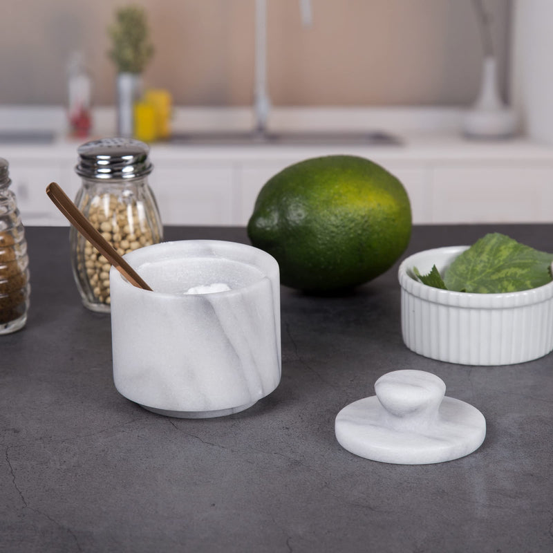[Australia - AusPower] - Creative Home Natural Marble Salt Cellar Keeper Round Salt Spices Container Salt and Pepper Bowls, 3" Diam. x 3.3" H, Off-White 