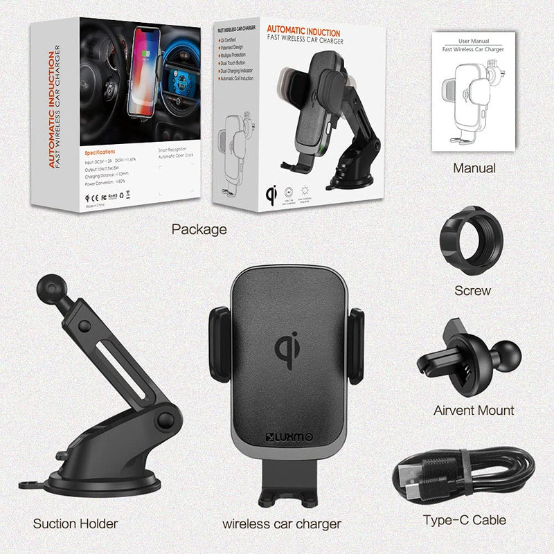 [Australia - AusPower] - Wireless Car Charger Luxmo Qi 15W Fast Charging Auto-Clamping Car Air Vent Holder Car Phone Holder Mount for iPhone12/12 Pro/11/11Pro/11ProMax/XSMax/XS/X/8/8+ Samsung S20/S10/S10+/S9/S9+/S8/S8+/Note Black 