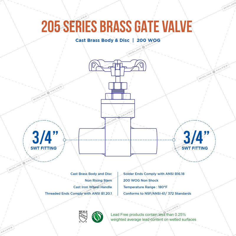 [Australia - AusPower] - Midline Valve 427D256-5 Gate Valve, Lead Free 3/4 in. Sweat Connection, Cast Brass (5 Pack) 5 Pack 3/4 in. 