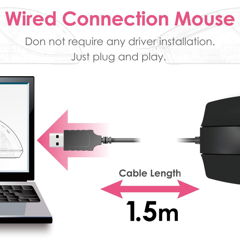 [Australia - AusPower] - ELECOM -Japan Brand- Wired Connection, Basic 3D-CAD Mouse, No Scroll Wheel, 3 Button Computer Mouse with Smooth Optical Tracking, Blue LED, 600/1200 DPI, for Windows / Mac (M-CAD01UBBK) 