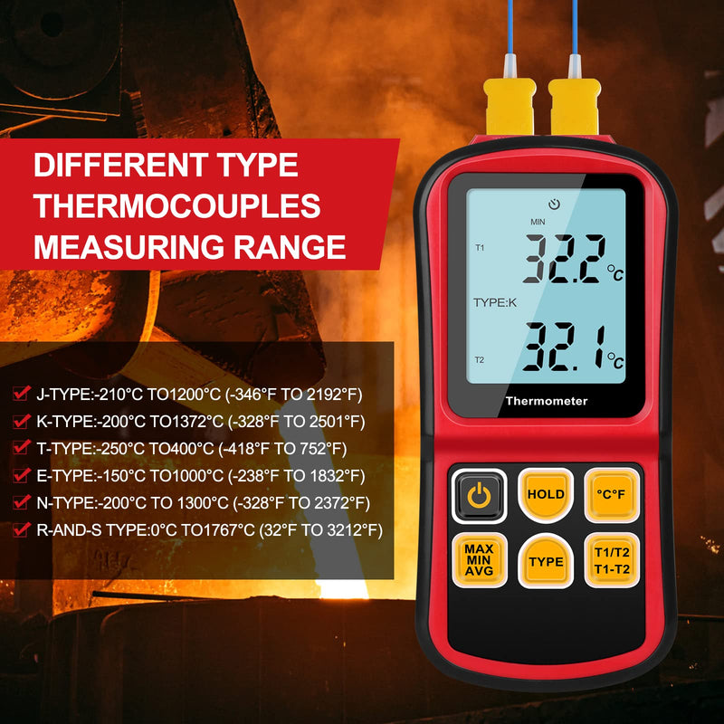 [Australia - AusPower] - Digital Thermometer Dual Channel Thermometer Temperature Thermometer with Two K-Type Thermocouple Probe Backlight LCD K Type Thermometer for K/ J/ T/ E/ R/ S/ N Thermocouple 
