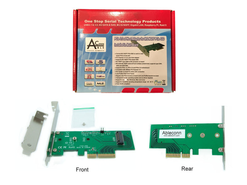 [Australia - AusPower] - Ableconn PEXM2-SSD M.2 NGFF PCIe SSD to PCI Express x4 Host Adapter Card - Support M.2 PCIe (NVMe or AHCI) Type 2280, 2260, 2242 PCIe M.2 (M-Key) 