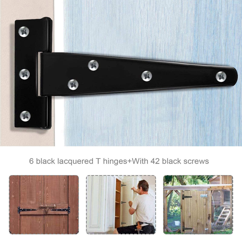 [Australia - AusPower] - 6Pcs T-Strap Tee Shed Hinge Set 8 Inch T-Hinges Heavy Duty Gate Door Barn Wrought Hardware Rustproof Black with Mounting Screws 