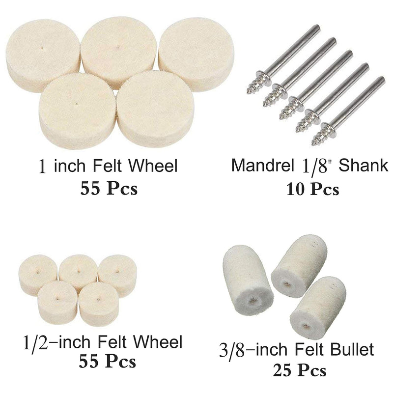 [Australia - AusPower] - Felt Polishing Buffing Wheel 145Pcs Wool Felt Polishing Pad Wheel Professional Accessories, Point & Mandrel 1/8" Shank Kit for Dremel Rotary Tools 