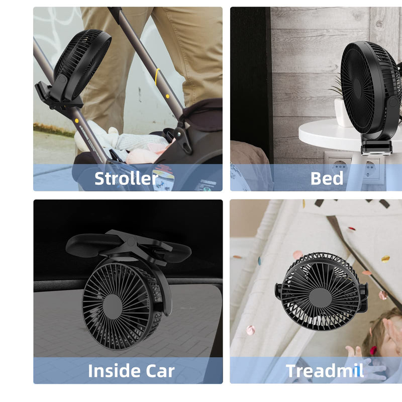 [Australia - AusPower] - ATEngeus USB Desk Fan, 5000mAh Rechargeable Portable Fan, 5 Inch Clip-on Fan, 3 speed strong airflow, Dual 360° Rotation, with USB data cable, Suitable for home, office and stroller. (black) TF-28B-5'' 