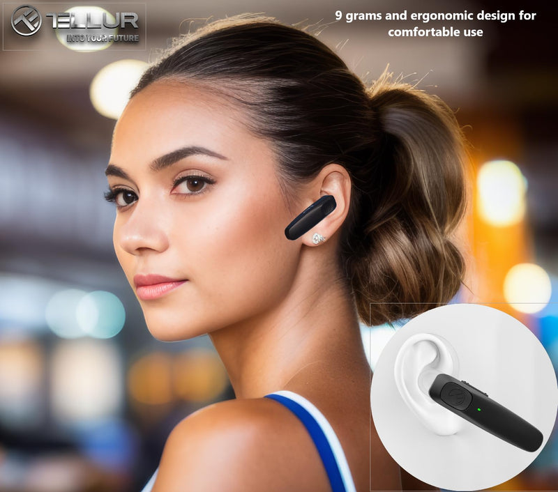 [Australia - AusPower] - TELLUR VOX 155 Bluetooth Headset, Handsfree Earpiece USB-C, Multipoint Two Simultaneous Devices, HD Voice Two Microphones for Noise Suppression, 360° Hook for Right or Left 