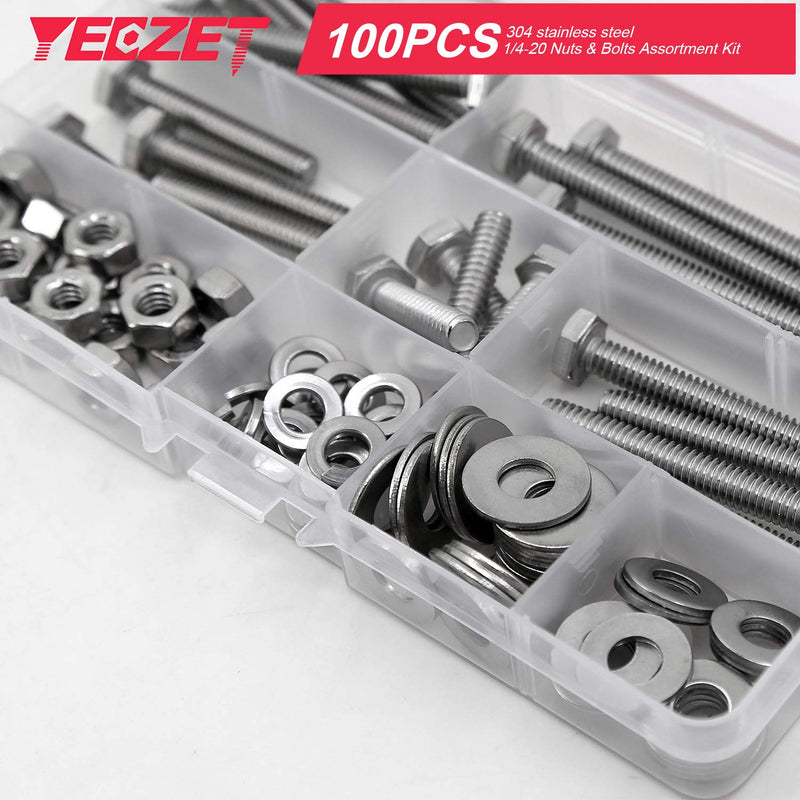 [Australia - AusPower] - 100PCS 1/4-20x1", 1-1/2", 2", 2-1/2", 3" Stainless Steel Hex Head Screws Bolts and Nuts Flat & Lock Washers Assortment Kit, 304 Stainless Steel 18-8,Fully Machine Thread, Bright Finish 100PCS 1/4-20 Bolts and Nuts Kit 