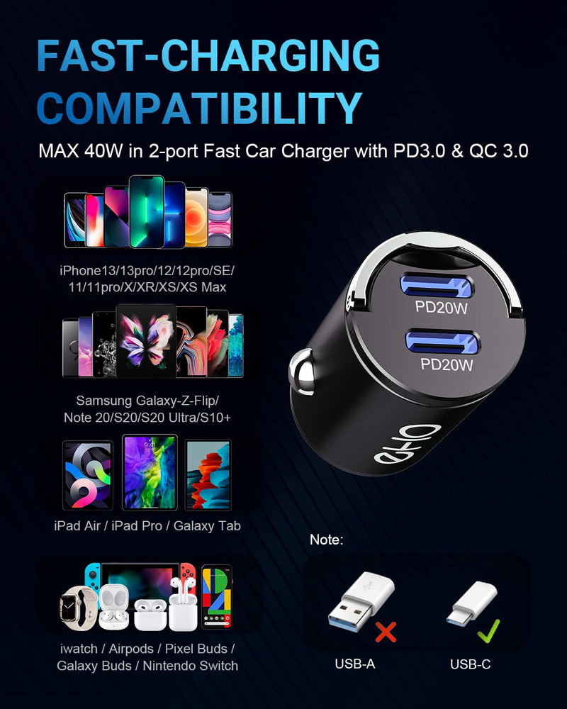 [Australia - AusPower] - Mini USB C Car Charger, EHO 40W(PD20W+20W) Dual Type C Fast Car Charger All Metal Car Charger Adapter Compatible with iPhone 13 Pro Max, iPad Mini/Pro, Samsung Galaxy S21/S20/S10, Pixel, Moto, Airpods Without Cable 