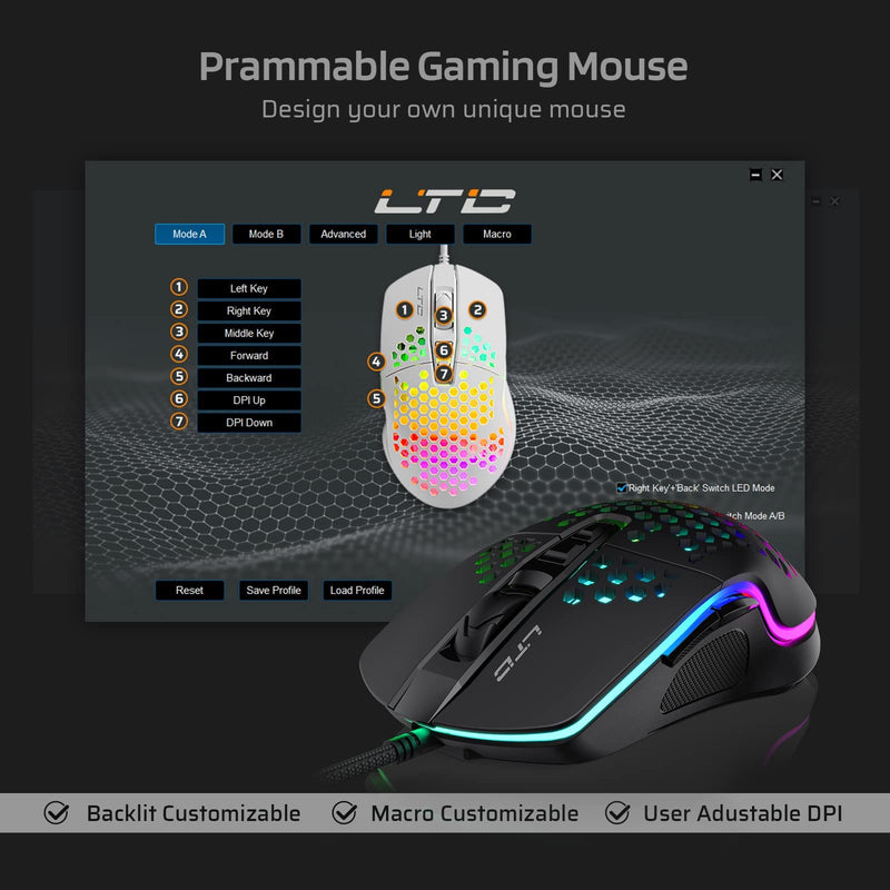 [Australia - AusPower] - LTC Circle Pit HM-001 RGB Gaming Mouse with Lightweight Honeycomb Shell, Adjusted 6400DPI, 6 Programmable Buttons, Black 