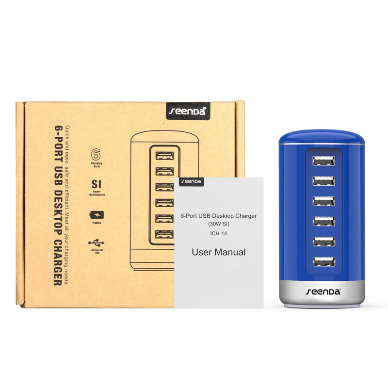 [Australia - AusPower] - seenda 6 Port USB Charging Station USB Desktop Charger with Smart Identification - Blue Blue-USB Charger 