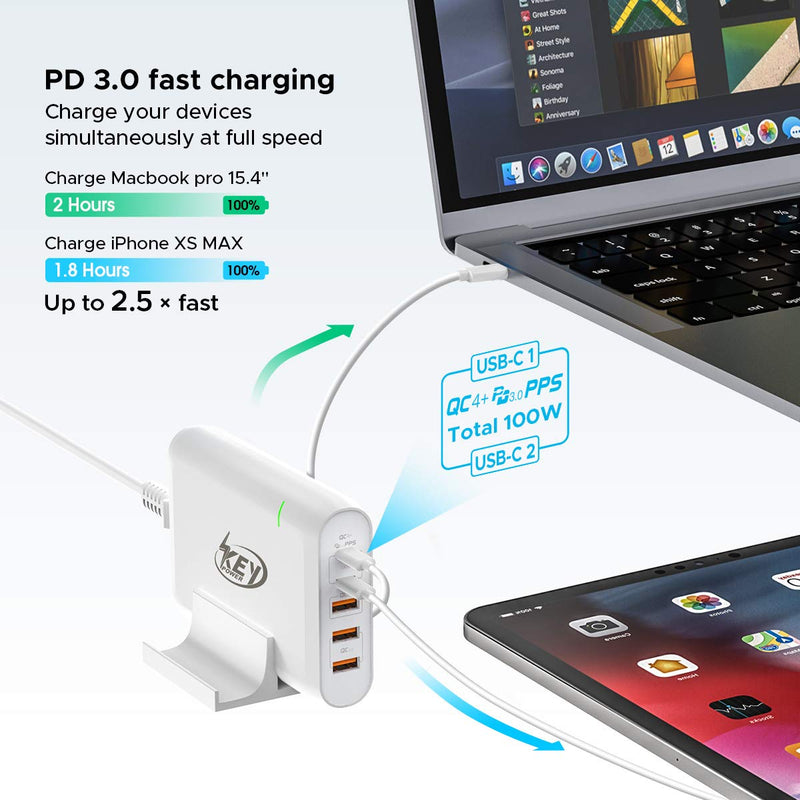 [Australia - AusPower] - USB C Charger,100W 5-Port PD Quick Charger Station with Dual Type C Power Delivery Charger for MacBook Pro/Air,iPad Pro,Dell,Lenovo, iPhone11/Pro/Max/XR/XS/X,Galaxy,Pixel and More(White) 