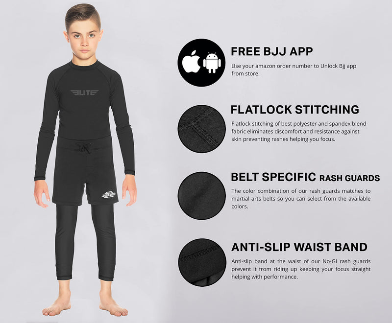 [Australia - AusPower] - Elite Sports Rash Guards for Boys and Girls, Full Sleeve Compression BJJ Kids and Youth Rash Guard Black Small 