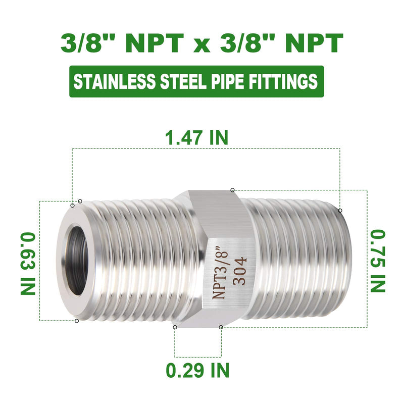 [Australia - AusPower] - TAISHER 5PCS 304 Stainless Steel Hex Nipple, Pipe Fitting 3/8-Inch Male Pipe x 3/8-Inch Male Pipe 3/8" NPT x 3/8" NPT 5 