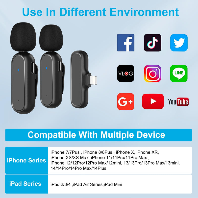 [Australia - AusPower] - Wireless Lavalier Microphone with Charging Case for iPhone iPad, 2 Pack Wireless Lapel Microphone, Plug to Use, Noise Reduction Recording Mic for YouTube Interview Vlog TikTok Livestream & Podcast 
