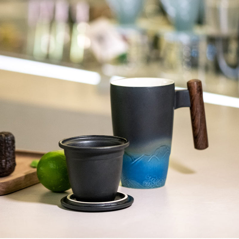 [Australia - AusPower] - suyika Tomotime Ceramic Tea Cup with Infuser and Lid Tea Mugs Wooden Handle 400ml/13.5oz Black cyan 