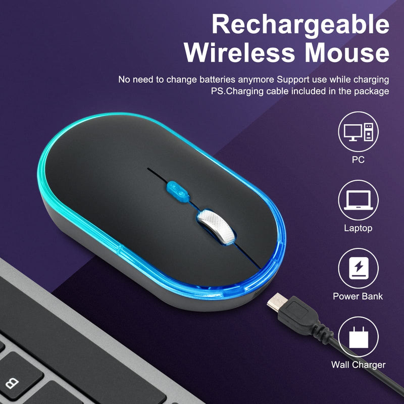 [Australia - AusPower] - Wireless Backlit Mouse LED Silent Rechargeable Battery with Optical Backlight Switch Compatible Mac Windows 7/8/10 for PC Laptop(Black) black 