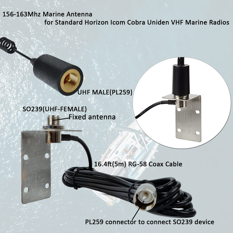 [Australia - AusPower] - HYS VHF Band Amateur 156-163Mhz Low-Profile Marine Antenna with Stainless Steel L-Bracket Hole & W/16.4ft(5m) RG-58 Coax Cable for Standard Horizon Icom Cobra Uniden VHF Marine Radios 