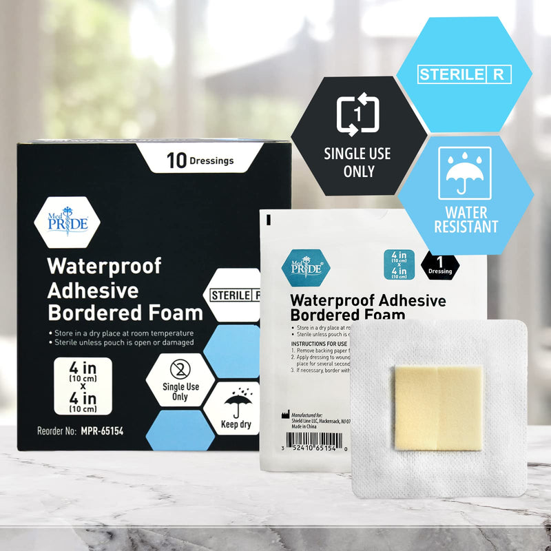 [Australia - AusPower] - Medpride 4'' X 4'' Foam Wound Dressing (10-Count) Sterile, Waterproof Silicone Adhesive Border | Home or Emergency Healing Support | Partial or Shallow Drainage Coverage | Gentle 4x4 Inch (Pack of 10) 
