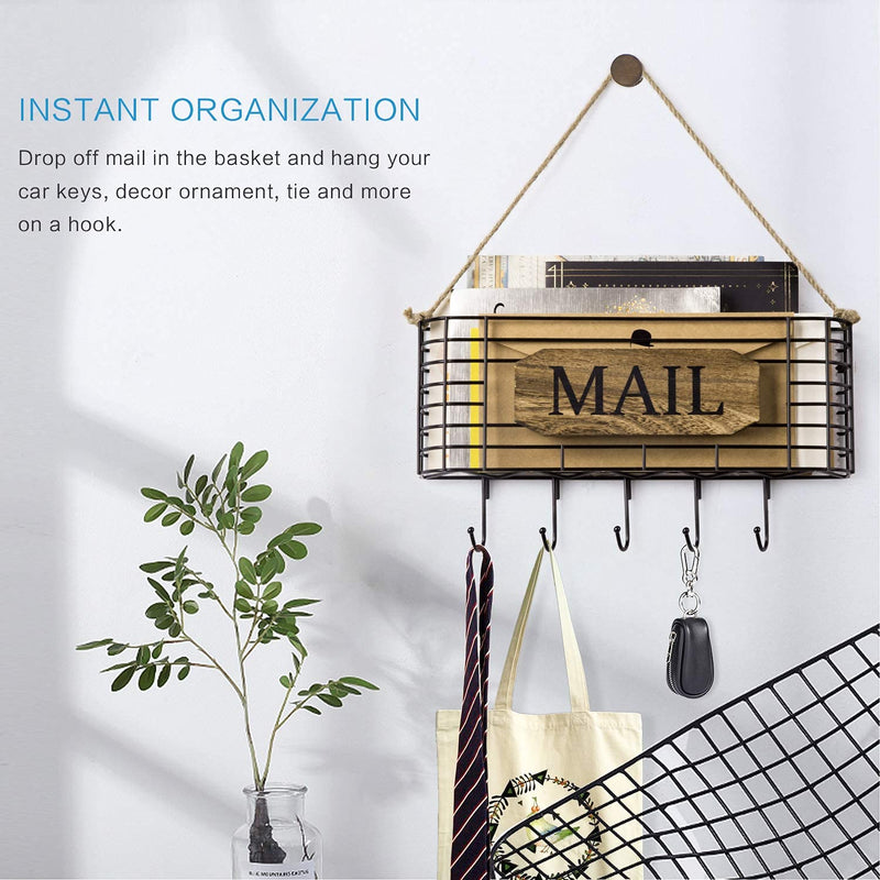 [Australia - AusPower] - SRIWATANA Mail Holder, Rustic Mail Organizer Wall Mount Hanging Mail Sorter Letter Basket with 5 Key Holder for Wall, Large, Carbonized Black 