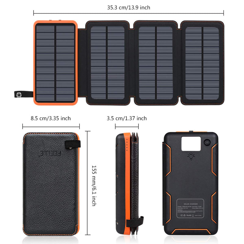 [Australia - AusPower] - FEELLE Solar Power Bank Charger 25000mAh Solar Phone Charger with 4 Solar Panels & Dual 2.1A USB Ports Portable Solar Powered External Battery for iPhone Cell Phone Devices Orange 