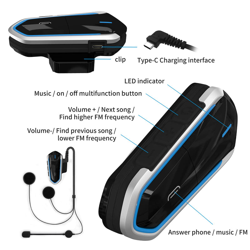 [Australia - AusPower] - Motorcycle Wireless Headset,Type-c Port Headset FM Radio/Handsfree Automatic Answer/Accounce Incoming Phone Number/HD Stereo Music Black2 