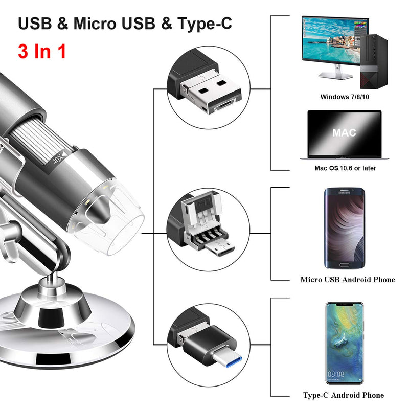 [Australia - AusPower] - USB Microscope Camera 40X to 1000X, Cainda Digital Microscope with Metal Stand & Carrying Case, Compatible with Android Windows Linux Mac, Portable Microscope Camera for Kids Students Adults (Gray) Gray 