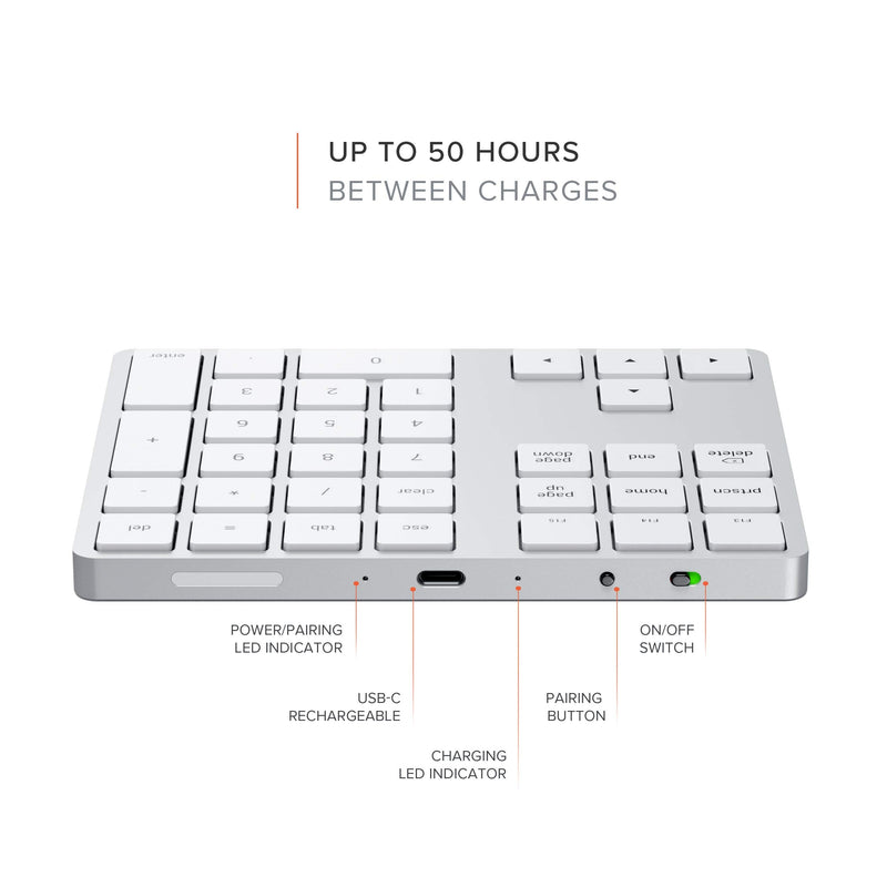 [Australia - AusPower] - Satechi Bluetooth Extended Numeric Keypad – Slim Rechargeable 34-Key Numberpad – Compatible with 2020 MacBook Air, 2020 iPad Pro, 2020/2019 MacBook Pro, iMac/iMac Pro (Silver) Silver 