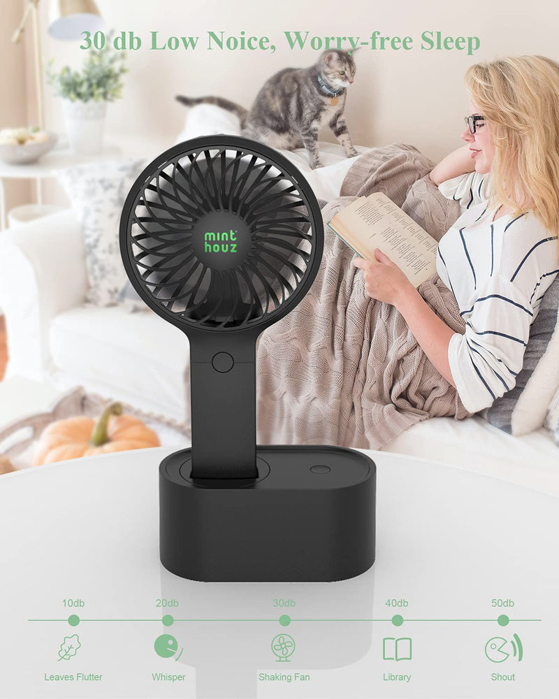 [Australia - AusPower] - Minthouz Handheld Fan, 90° Automatic Head Shaking Personal Fan with Rotating Base, 3 Speed Adjustable Portable Fan Rechargeable Desk Fan with 2000mAh Built-in Battery, Mini Fan for Office/Home/Outdoor Black 