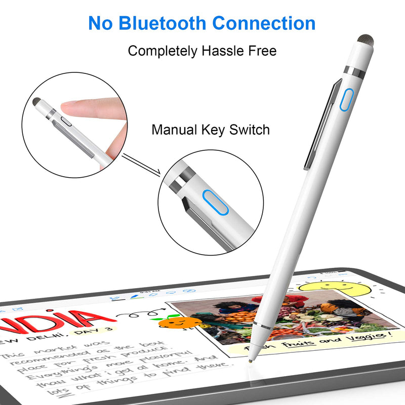 [Australia - AusPower] - Stylus Pen for iPad, NTHJOYS 2 in 1 Rechargeable Digital Pen Fine Point Stylist Capacitive Stylus Pen Smart Pencil for iPhone/iPad Pro/Mini/Air/Samsung and Other Touch Screens White 