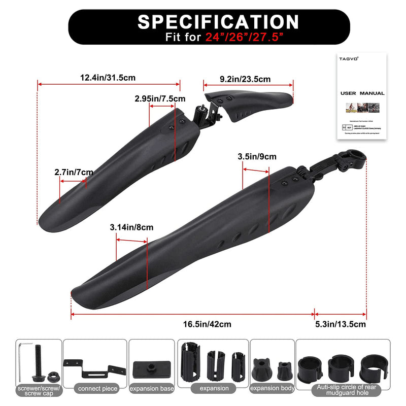 [Australia - AusPower] - TAGVO Bike Mudguard Set for 24/26/27.5 inch, 3 Parts-Universal Full Cover Thicken Widen Bicycle Fenders Set Mountain Bike Front and Rear Mud Guard Adjustable Bike Fender Mudflap for MTB Road Bike black 