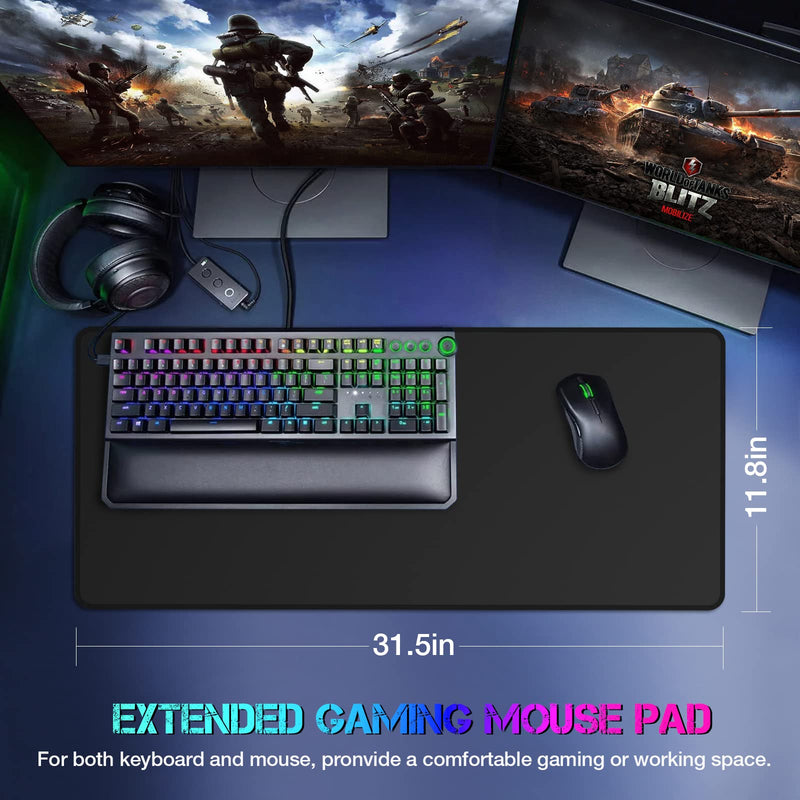 [Australia - AusPower] - ETZ Large Gaming Mouse Pad 31.5 x 11.8 × 0.12 in,with Stitched Edges,Extended Mousepad,Durable Non-Slip Natural Rubber Base,Washable Keyboard Pad,Desk Pad for Gamer,Office & Home,Black Black 
