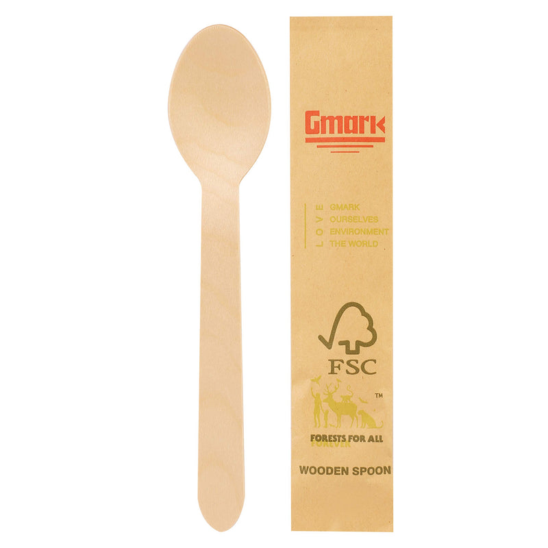 [Australia - AusPower] - Gmark Disposable Wooden Spoons Paper Wrapped | Pack of 100-6.5" Spoons | 100% All-Natural, Eco-Friendly, Biodegradable, and Compostable 100 ct Individually Wrapped in Box GM1024 