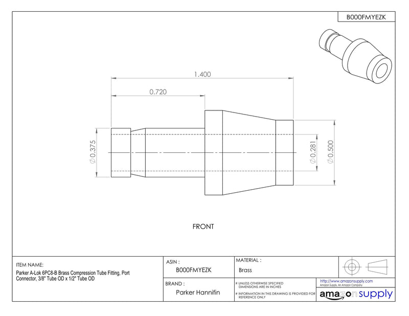 [Australia - AusPower] - Parker A-Lok 6PC8-B Brass Compression Tube Fitting, Port Connector, 3/8" Tube OD x 1/2" Tube OD 3/8" x 1/2" 