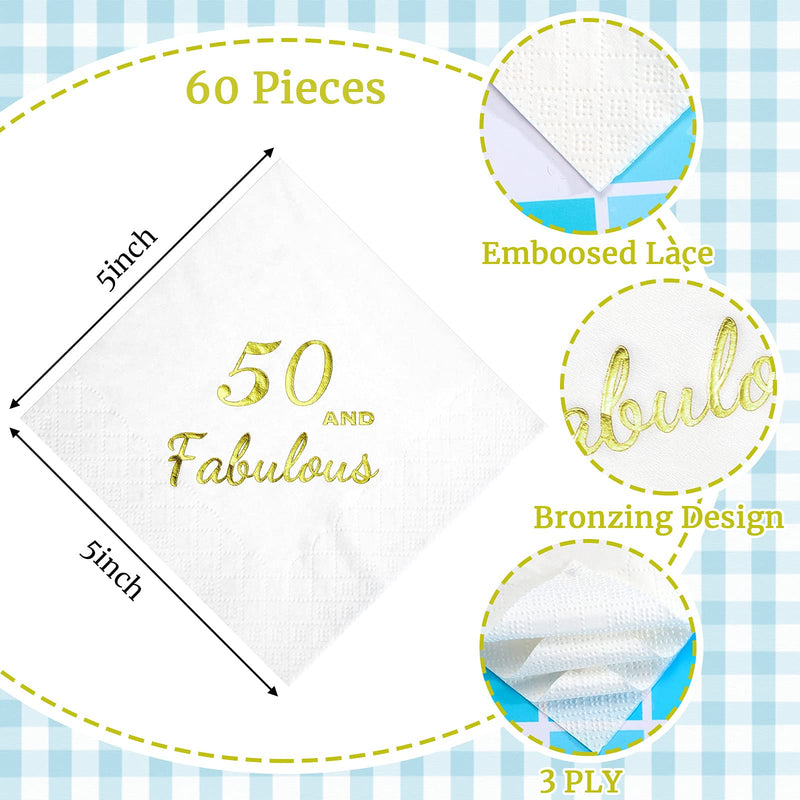 [Australia - AusPower] - 50 and Fabulous Napkins White Gold Foiled Cocktail Paper Napkins 50th Birthday Party Favor Supplies Dinner Napkins for Birthday Anniversary Dessert Cake Berverage Decoration, 5 x 5 Inch, 60 Pieces 