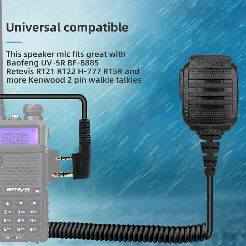 [Australia - AusPower] - Retevis IP54 Waterproof 2 Pin Speaker Mic, Compact Walkie Talkie Microphone for Baofeng BF-F8HP UV-5R BF-888S Retevis RT21 RT22 H-777 RT68 RT27 RT1 Arcshell AR-5 Two Way Radios (1 Pack) 