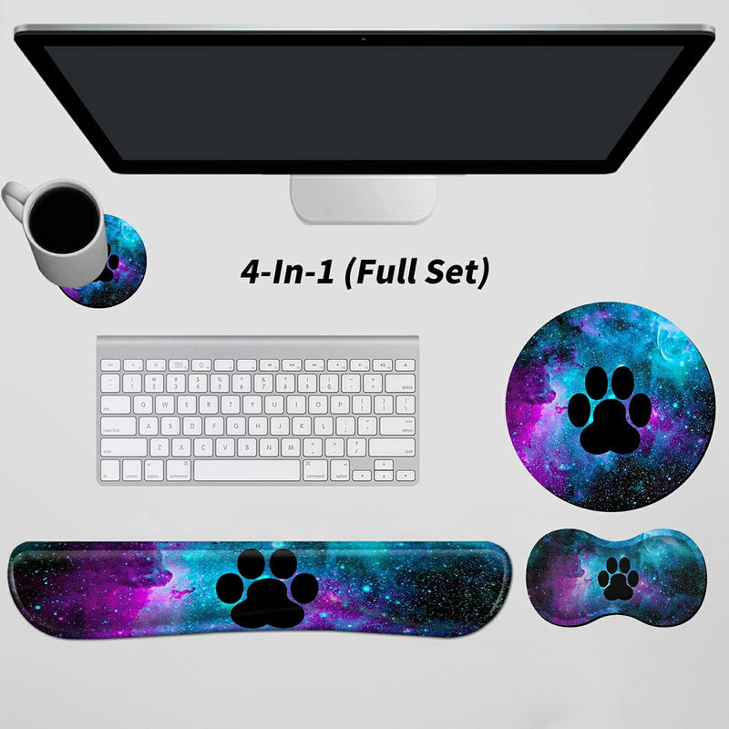 [Australia - AusPower] - Mouse Pad Wrist Support Keyboard Wrist Rest Combo+Cup Coaster [4-in-1] , Easy Typing Pain Relief, Memory Foam Gel Elbow Cushion Mousepad Set for Computer Laptop Office Home - Paw Galaxy 