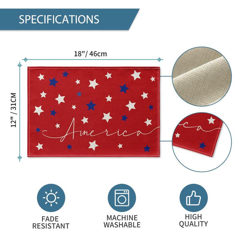 [Australia - AusPower] - Artoid Mode Red Blue Stars America 4th of July Patriotic Memorial Day Placemats for Dining Table, 12 x 18 Inch Summer Seasonal Holiday Rustic Vintage Washable Table Mats Set of 4 